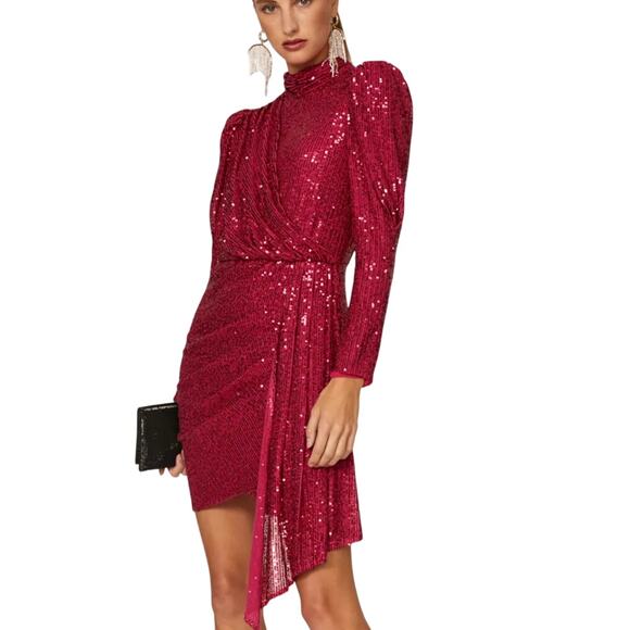 Saylor Pink Sequin Mini Dress SMALL Ruched Designer Puff Sleeves Cocktail $297 - Picture 1 of 11